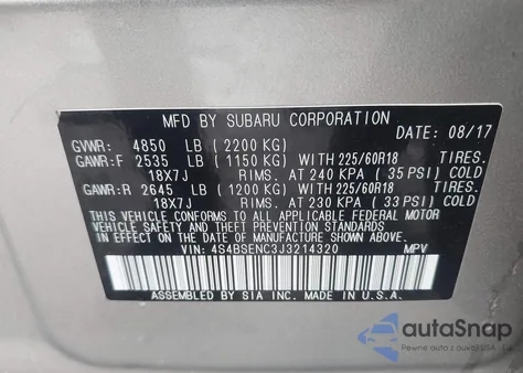 2018 Subaru Outback 3.6R Limited from USA, damaged, VIN 4S4BSENC3J3214320